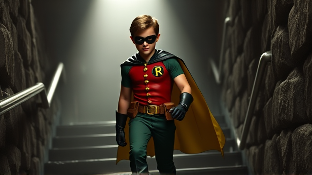 Movie Scene: A medium, preteen 12-year old boy with light skin and dark brown hair named Connor Bardley, but dressed as Robin, The Boy Wonder, with an extremely muscular body, a sleek green suit with a red torso with a black circle with a yellow R symbol on his left pectoral, a gold utility belt, black boots, black long-cuffed gloves, a big, heel-length, ultra-wide collared cape that's black on the outside and yellow on the inside, and a black eye mask, walking down the stone stairs to enter the Bat Cave, where he meets Batman for the first time and hopes to team up with him.