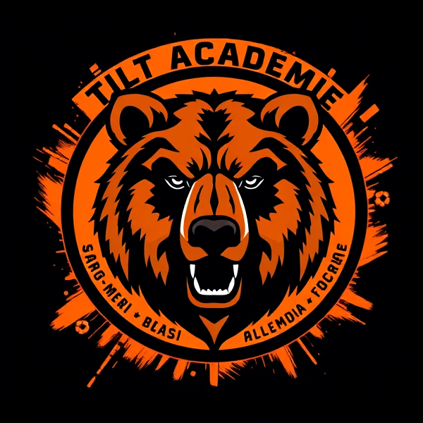 Créez un logo d'équipe de soccer captivant avec un grizzly concentré comme motif principal. L'emblème, central et imposant, représente un ours féroce aux yeux perçants, incarnant force et détermination. Les couleurs prédominantes sont un orange vibrant et un noir profond, créant un contraste saisissant qui symbolise l'énergie et l'intensité du sport. Le logo a une forme circulaire parfaite, encadrée d'une bordure noire épaisse et robuste qui lui donne de la substance et du poids visuel. Au-dessus du cercle se trouve le texte "Tilt Académie" écrit en caractères audacieux et modernes, avec une typographie épurée pour faciliter la lecture tout en ayant une présence forte.

L'arrière-plan est habilement stylisé pour évoquer le mouvement et la passion liés au soccer ; il peut s'agir d'illustrations abstraites représentant des traînées dynamiques ou des motifs évoquant une vitesse fulgurante. Des éléments de football subtils sont intégrés dans le design pour renforcer le thème sans surcharger le visuel : pensez à des contours suggestifs de ballon de soccer ou à des silhouettes abstraites de joueurs en action disséminées autour du grizzly.

La composition globale doit respirer la vitalité et exsuder une présence forte, capable d'inspirer tant les joueurs que les supporters. L'objectif est d'avoir un impact immédiat tout en restant intemporel, afin que l'emblème reste pertinent saison après saison.