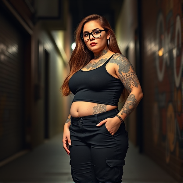 Realistic portrayal of a confident, white, curvy woman standing at 4’11” with a plus size figure, prominently featuring a large stomach, ample breasts, voluminous thighs, and a pronounced buttocks. She is 26 years old, sporting sleek black glasses and her flowing brown hair cascades down her back. Her body is adorned with a myriad of tattoos. Dressed in tactical black cargo pants paired with a form-fitting black tank top, she stands in the dimly lit ambience of an urban alleyway under the cover of night