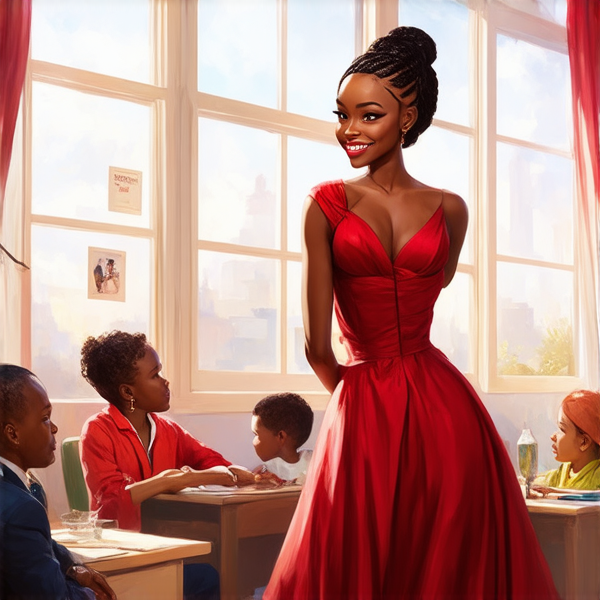 African female teacher with intricate braided hair, with african dress smiling as she stands in a vibrant classroom surrounded by diverse, attentive children sitting at their desks with educational posters on the walls and sunlight streaming through the windows