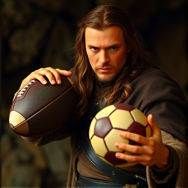 Lord of the rings character elrond holding a football