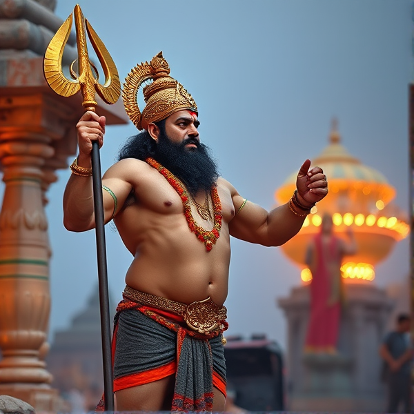 A gurjar bodybuilder man and in bg Hanuman  god is standing