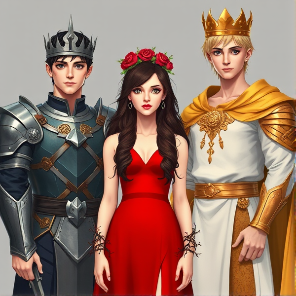 There are 3 people. Standing in the center is a woman. She is kinda short, with long flowing dark brown hair. She wears a crown of roses and thorns. She has fair skin and green eyes. She wears a red 2 piece dress with a long slit up it. There are thorns snaking around her arms, like those in her hair. To her left is a man, much taller than her. He has short black hair that flows to about his shoulders. He has black eyes and a pale complexion. He wears a silver crown with spikes, and black and silver armor with more spikes. He loves the woman greatly. On the other side of the woman is another man, who is much taller than her. He has short blonde hair that is covered by a golden crown. He wears a white tunic with golden embellishments covered by golden armor and a big golden cape. He also loves the girl