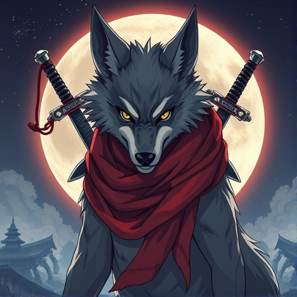 Loup roublard maitre de la lune avec un écharpe rouge autours du cou et avec deux épées dans le dos