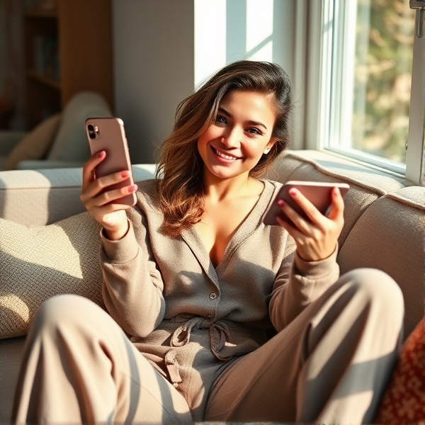 A sultry, stay-at-home mom in a cozy, stylish lounge wear, lounging on an inviting plush sofa with scattered decorative pillows, playfully rolling her eyes with a hint of mischief and a subtle smile as she holds up a modern smartphone in one hand, fingers poised over the screen as if mid-text. The room is well-lit with natural light from an adjacent window casting gentle shadows that accentuate her relaxed pose and casual elegance. Her hair is effortlessly styled in loose waves that frame her expressive face, conveying a sense of approachable beauty and lighthearted amusement.