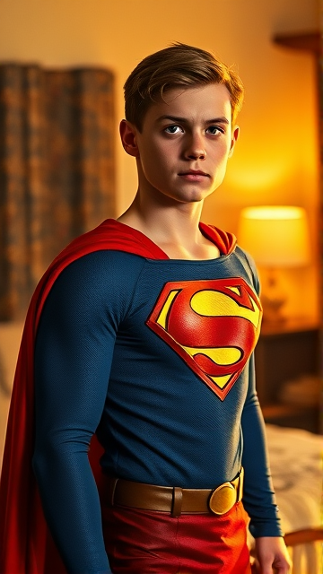 1990's Cinematic Movie Scene: Jon Kent, AKA Superboy, the young little 12-year old super son of Superman, and the first kid to be born as the world's first Half-Kryptonian child. Despite being a kid, he has all of his father's powers, with an extremely muscular body, the iconic costume, the singular curled bang sticking out at the front of his flat and smooth hair, and a long cape, standing in his bedroom, ready for action.