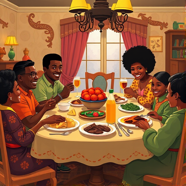 A lively African American family gathering around a richly adorned dinner table, sharing a traditional soul food meal with dishes such as fried chicken, collard greens, macaroni and cheese, cornbread, and sweet potato pie, all set in a warm and inviting dining room filled with laughter and storytelling