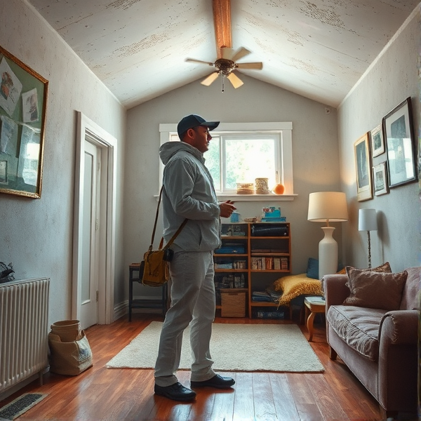 Interior view of a typical residential house with an asbestos assessor conducting an inspection. The image should highlight various common locations where asbestos materials are often found, such as insulation in the attic, old floor tiles, roof shingles, popcorn ceilings, and pipe insulation. Include visual aids like transparent arrows or circles to clearly indicate these areas while the professional, wearing a protective suit and carrying testing equipment, methodically surveys each part of the home.