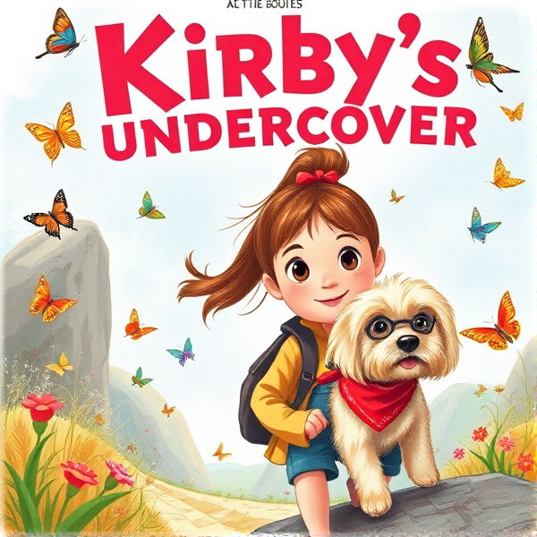 Bright and whimsical book cover design featuring a 10 year old with brown ponytail with red ribbon as the protagonist on an adventurous journey, bursting with vivid colors and elements that appeal to 10-year-old girls such as butterflies and pretty birds, and friendly cream long haired scruffy small terrier dog with red bandana around neck. The artwork should capture the essence of a childlike wonder and the excitement of exploration, ideally incorporating symbols of adventure like compasses, binoculars, or hidden paths. The typography should be bold and inviting, resonating with young readers' imagination and sense of fun. The title is Kirby’s Undercover Adventures. The author name is Jo Siggins. The style should realistic hand drawn illustration