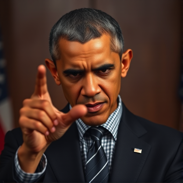 Barack Obama fâché en train d'hypnotiser avec un regard intense et concentré, geste de main suggestif comme un maître de l'hypnose en costume formel, chemise à carreaux