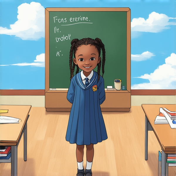 jeune fille noire de 10 ans, vêtue d'un uniforme scolaire des tresses africaines, debout souriante et concentrée devant un tableau noir rempli de regles d'orthographe en français  dans une salle de classe ensoleillée et colorée avec des bureaux en bois et des affiches éducatives sur les murs
