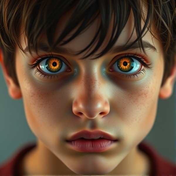 Generate a boy with bright honey eyes, super dark circles underneath with a chin that ridiculously sticks out in a bad way with dark  long hair