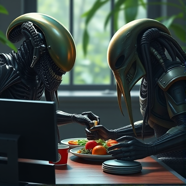A Xenomorph and a predator having lunch, have the xenomorph be playing alien: isolation on a PS4 whilst the predator encourages them