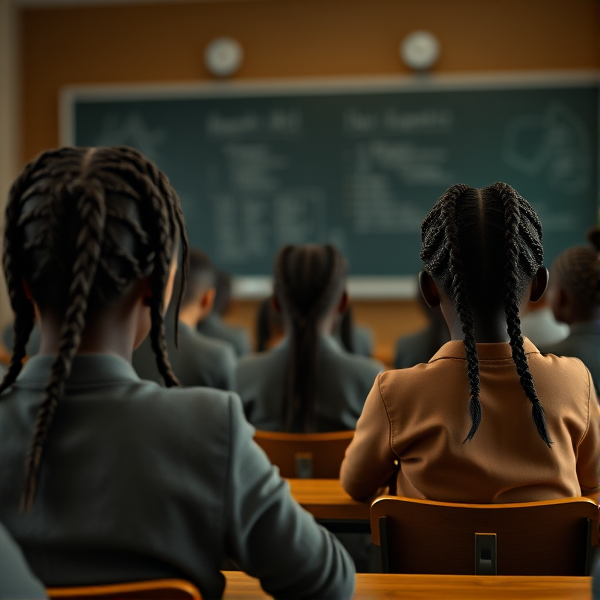 des filles noires de huit ans avec des tresses africaine et garçons assis dans une classe face au tableau