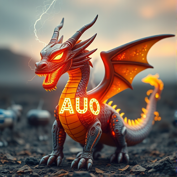 An elegantly streamlined dragon with the acronym "AUO" emblazoned across its chest in a striking, luminous script that radiates a fiery aura, pulsating with potent energy. The creature's skin is intricately laced with a complex pattern of circuitry that glows as if alive with electricity. Wisps of digital smoke drift from its nostrils in sync with the formidable sound of its roar, revealing sharply pointed fangs surging with electric currents. Include respectfully the Ukrainian flag, symbolizing tribute and unity. Set in a post apocalyptic setting.