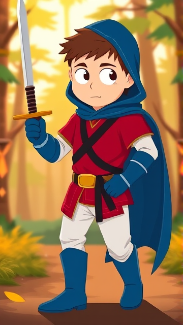Clyde Donovan from South Park, light skin and brown hair, but as a 14-Year Old, dressed as a medieval prince with a red shirt with white sleeves, a black belt with a gold buckle, white pants, blue boots, blue long-cuffed gloves, and wreathed in a big blue hooded cape, now known as Prince Donovan. Despite still being a kid, he is the Youngest Ruler of South Park, Colorado, but now reborn as the real life Kingdom of Kupa Keep, Zaron, and Prince Donovan is its youngest and greatest hero. His weapon is the legendary enchanted sword called the Sword Of Zaronia, which he swings with pride as he slashes his enemies down to size. The young teenage prince of Kupa Keep is currently walking through the forest, on a quest to find a mysterious enchanted artifact.