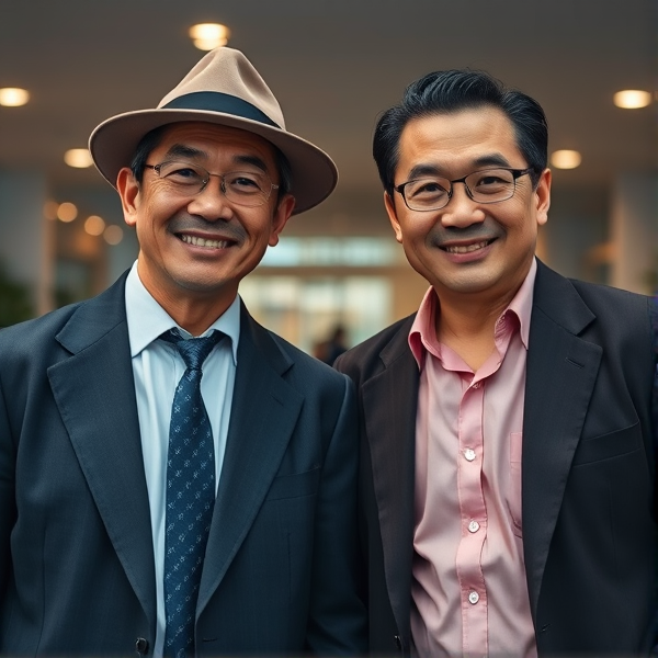 2 businessmen viril  japonais senior accroupis  avec une cravate à larges rayures large et chemise rose. Ils regardent la caméra. 
Sourire