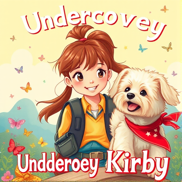 Bright and whimsical book cover design featuring a 10 year old with brown ponytail with red ribbon as the protagonist on an adventurous journey, bursting with vivid colors and elements that appeal to 10-year-old girls such as butterflies and pretty birds, and friendly cream long haired small cavapoo dog with long hanging ears and red bandana around neck looking happily at protagonist.. The artwork should capture the essence of a childlike wonder and the excitement of exploration, ideally incorporating symbols of adventure like compasses, binoculars, or hidden paths. The typography should be bold and inviting, resonating with young readers' imagination and sense of fun. The title is: Undercover Kirby. The style should realistic hand drawn illustration