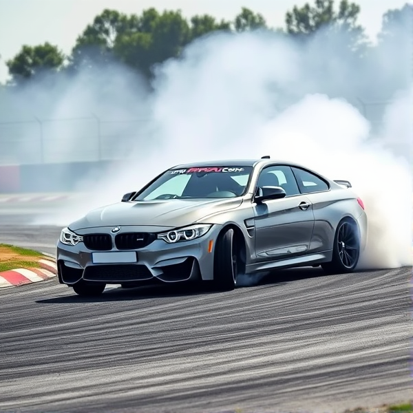 BMW M4 in a dynamic drift on an asphalt track with billowing tire smoke, aggressive stance, high speed action captured, detailed car livery showcasing sponsor logos, racing environment with trackside details like barriers and cones