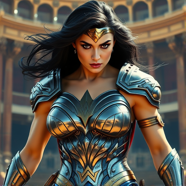 Wonder Woman au zénith de sa puissance combatante, capturée en hyper-réalisme avec une qualité proche de la photographie de haut niveau. Son armure est un chef-d'œuvre métallique orné de motifs détaillés, présentant des reflets lumineux saisissants et un jeu d'ombres profondes pour souligner sa forme sculpturale. La texture de l'armure révèle des nuances subtiles du métal brillant sous une lumière naturelle. Ses muscles sont définis avec une précision extrême, mettant en évidence la puissance brute derrière chaque mouvement fluide mais chargé de tension dynamique. Son visage est le portrait de la concentration inébranlable, ses yeux bleus vifs rayonnent de détermination guerrière. Les cheveux noirs foncés de Wonder Woman flottent dans un souffle invisible, renforçant l'impression d'action intense. L'environnement immédiat est celui d'une arène mythologique aux détails architecturaux élaborés et à la texture riche, évoquant les épopées des batailles antiques. Un éclairage maîtrisé exalte les complexités des textures et motifs du costume iconique bleu et rouge, ainsi que la fidélité des accessoires symboliques qui incarnent l'esprit héroïque du personnage légendaire.