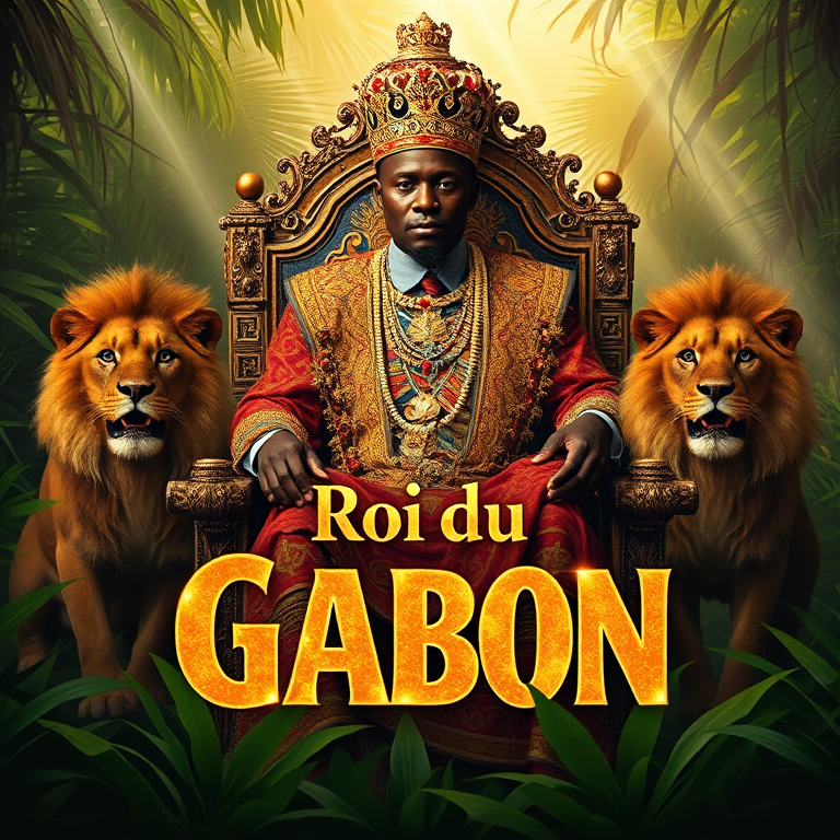 Création d'une image d'un roi africain majestueux portant des vêtements traditionnels riches et élaborés, assis sur un trône orné au cœur d'une jungle luxuriante, accompagné de lions nobles en guise de gardiens symbolisant la force. Des rayons de lumière solaire perçant le feuillage ajoutent une dimension à la fois majestueuse et sauvage à la composition. Y insérer le texte "Roi du Gabon" avec un effet visuel de lettres d'or scintillantes semblant fondre sous l'effet de la chaleur, donnant l'impression que le texte est enflammé et coule comme du métal fondu.