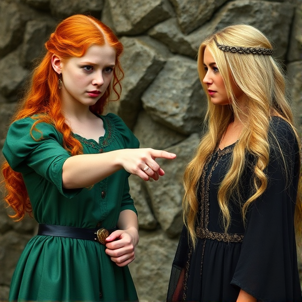 Red haired Caucasian Arthurian teenage princess wearing a green dress, points accusingly at an older blonde haired druidess woman wearing a black dress