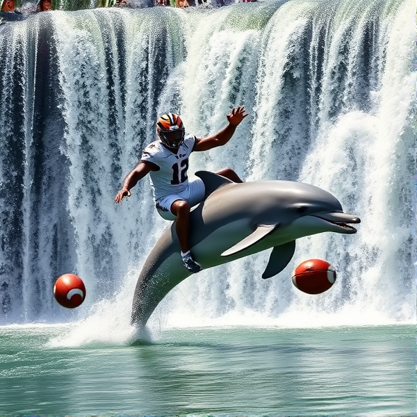 Jamar chase number 1 from the bengals riding a dolphin at a waterfall chasing footballs