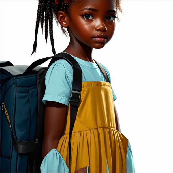 jolie petite fille noire de 8ans en robe avec des tresses africaines avec un sac à dos devant l'école