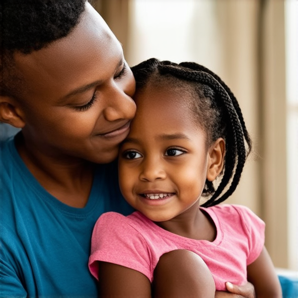 An 8-year-old African girl with intricate traditional braided hair, sitting comfortably on her mother's lap, both exuding a warm and nurturing atmosphere. The mother is depicted as loving and protective, embracing her daughter in a cozy, homelike setting and there are his father also with her