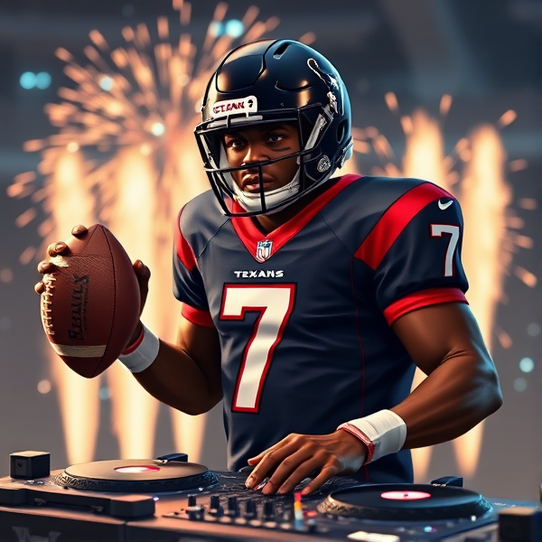 Animated black quarterback wearing number 7 jersey for Houston texans holding a football and DJing with turntables. Pyrotechnics and lights in background