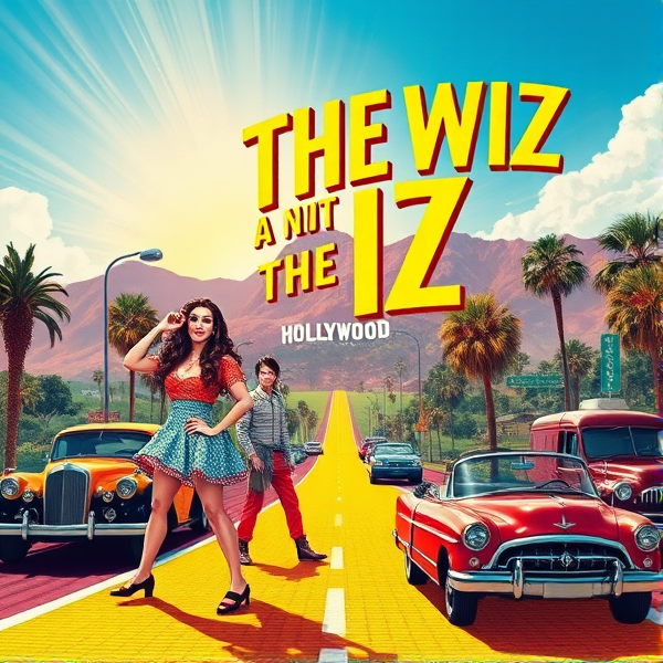 Create a vivid and nostalgic movie poster for "THE WIZ" that embodies the spirit of 1970s Los Angeles, showcasing its signature palm trees and classic automobiles, along with famous landmarks such as the Hollywood Sign. The design should be infused with funk and soul motifs to echo the musical's vibrant energy. Illustrate the main characters dressed in quintessential 70s Los Angeles fashion, striking energetic poses against a radiant urban backdrop characterized by clear blue skies. Ensure that "THE WIZ" is displayed prominently in a bold, psychedelic typeface typical of the period. Integrate Sunset Boulevard seamlessly transitioning into a whimsical yellow brick road. The characters from The Wiz including Dorothy, Tin Man, Scarecrow, and Lion should be distinctly visible and full of life.