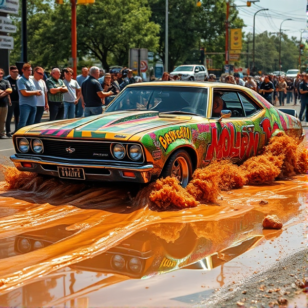 An incredibly customized, over-the-top muscle car version of Holden commodore with vibrant graffiti art, chrome detailing, and roaring exhaust pipes aggressively speeding along the road. it plows through a deep, luscious puddle of thick, brown gravy. The force sends torrents of gravy splashing chaotically in all directions, creating a dynamic and messy spectacle. The scene is set against a backdrop of astonished onlookers and with chunks of gravy mid-air, reflecting the sunlight.