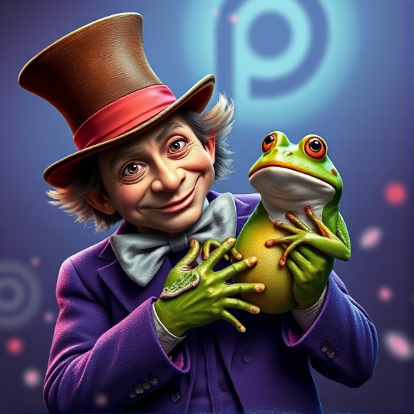 Willy wonka holding a frog