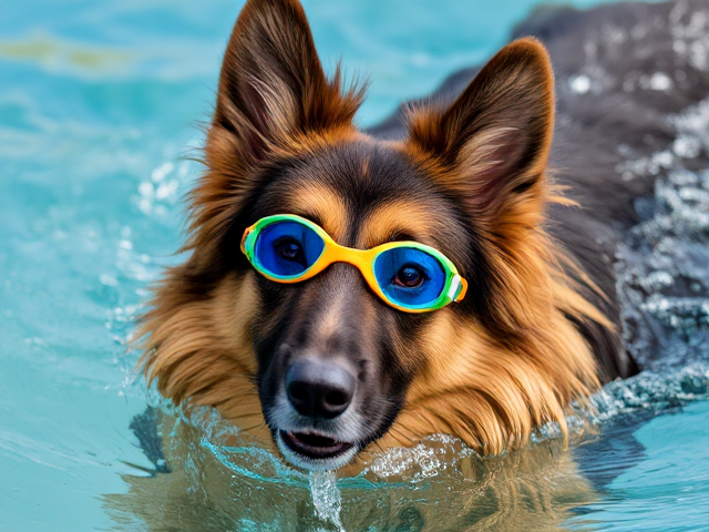 Long haired German shepherd swimming wearing swim goggles