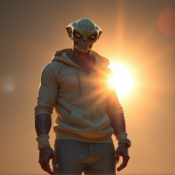 A tall and muscular male extraterrestrial with four eyes. He is confident and a little cocky. He is wearing a hoodie and gray sweat pants.  He is smoking a joint