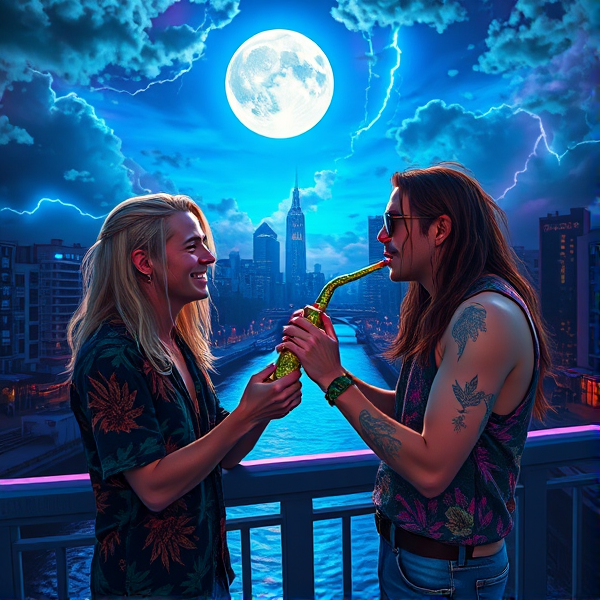 A vibrant 1980's retro wave scene depicting two ecstatic caucasian white skin hippy stoned stoners male long blonde hair guy and long brunette hair guy, friends basking in the neon hues of a mesmerizing moonrise at dusk, with blue lightning and a distant dark storm, standing on a bridge in the middle of the city holding a smokey pipe. The sky is a palette of swirling, blues and purples, reflecting the tranquility of the river running through the city. The duo, with wide smiles and relaxed postures, is surrounded by fluffy clouds, whimsical and ethereal multicolored neon light beams. They share a moment of bliss, passing a beautifully ornate pipe, adorned with intricate leaf patterns, as aromatic wisps of smoke curl into the air from smoking Marijuana. The atmosphere is infused with an otherworldly glow like tron, reminiscent of a dreamy painting fused with the mellow vibes of a concert. The whole setting is an 80's aesthetics, multicolored neon lights, city skyscrapers, computerized tron like society, new retro wave, synth wave, red Lamborghini, blue tron bike, smoking a pipe with smoke