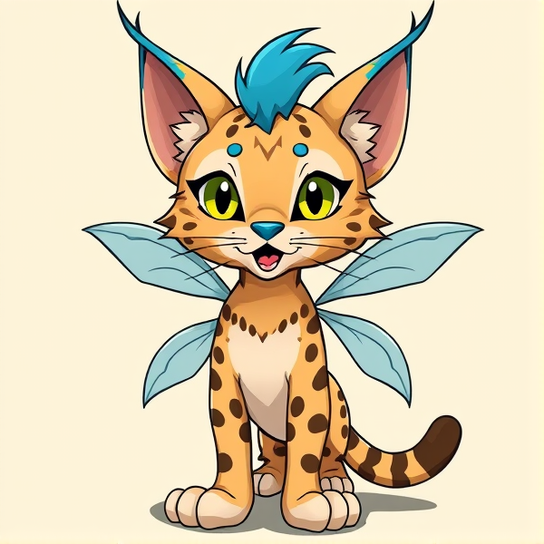 Lynx beige fursona furry with brown and blue markings and blue ears, star blue antennae with 2 bug wings and 4 arms. Cartoony silly little Lynx fursona scenecore with a blue hair tuft. Standing on two legs and  no lighter markings