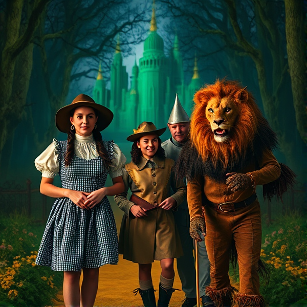 Envision a reinterpretation of the classic 1939 film 'The Wizard of Oz' with a twist, capturing its essence as if it were adapted into a 1980s-style dark fantasy movie. Picture the iconic Yellow Brick Road and Emerald City, but with an atmosphere reminiscent of films like 'Labyrinth' or 'The Dark Crystal.' Characters like Dorothy, Scarecrow, Tin Man, and Cowardly Lion should reflect a grittier, more stylized aesthetic true to the decade's fantasy genre. Think muted color palettes, dramatic shadows, and elaborate costumes that blend the old with the new gothic elements.