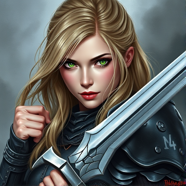 Dark blonde haired, white woman with green eyes holding a sword and wearing armor