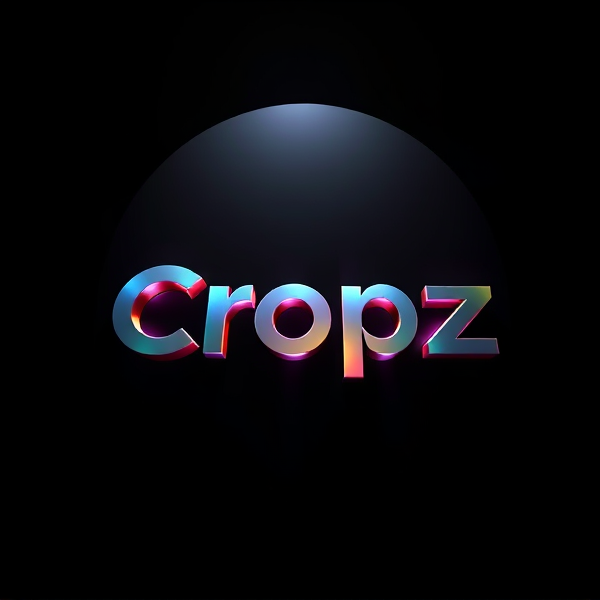 Highly detailed, high-contrast 3D logo with the text "Cropz" designed in a futuristic, bold, sans-serif font that seems to leap out from an inky black backdrop. The scene is dramatically illuminated by a circular beam of light creating dynamic, sharp shadows that play off the logo's sleek futuristic curves and reflective metallic finish. The logo's surface interacts with light to reveal a spectrum of vibrant colors with high gradation, giving it a lifelike depth akin to Pixar's renowned animations. Every element is rendered with exquisite crispness and geometric precision reminiscent of cutting-edge visual effects produced using Unreal Engine, Octane Render, and V-Ray software. The overall exaggerated and surreal ambiance infuses sci-fi elements into the design while being crafted to stimulate excitement and curiosity through neuromarketing principles.