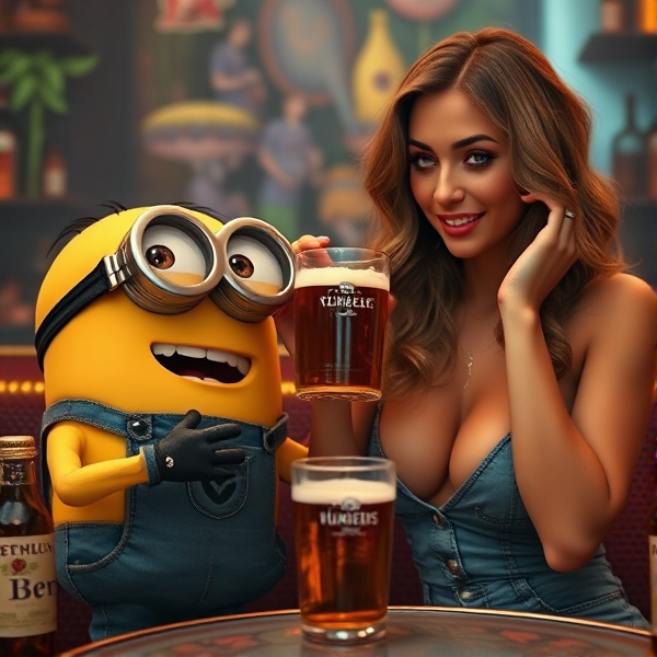 minion drinking beer next to sexy lady