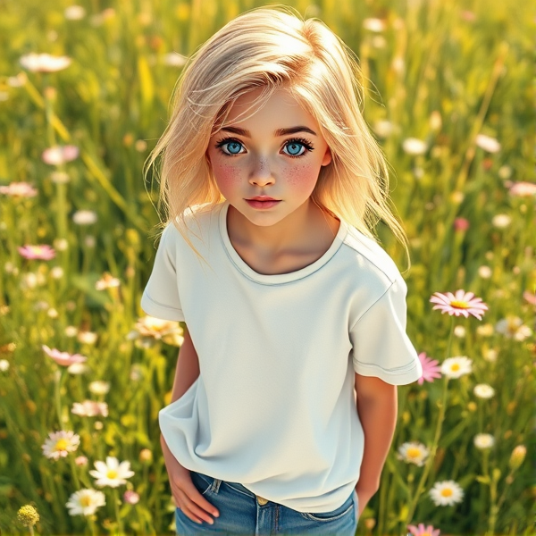 blonde teen wearing a casual white t-shirt and denim jeans, big blue eyes shining with youthful curiosity, a sprinkle of light freckles across the bridge of the nose, standing in a sunlit meadow full of wildflowers, full body view with a relaxed posture