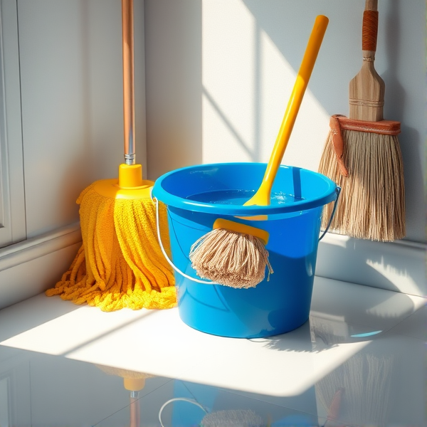 A meticulously arranged cleaning corner in a brightly lit room, featuring a shiny blue bucket filled with crystal-clear water, a neatly folded yellow mop resting beside it, a stiff-bristled scrub brush, and an upright broom with clean, natural straw bristles set against the wall. Soft shadows accentuate the textures of each object and the clean, tiled floor reflects the ambient light