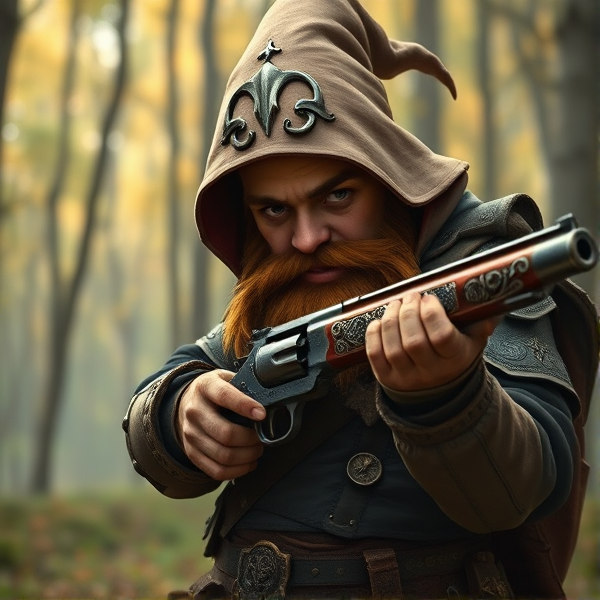 A gnome gunslinger set in a high fantasy setting. He has a hood and a short brown beard. He's reloading the cylinder of his rifle. He is a badass. Wearing a mixture of leather and metal armor. His rifle is Western style revolver rifle with complex engravings that glow as of they are magic. He is wearing pauldrons. And he is battle worn
Full body portrait in the woods