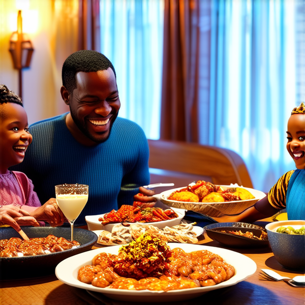 Repas de famille afro-américaine chaleureux et convivial, avec un grand assortiment de plats traditionnels soul food sur une grande table en bois, entourée de membres de la famille riant et partageant des moments ensemble dans une salle à manger bien éclairée et décorée pour l'occasion