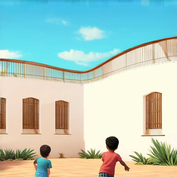 bâtiment d'une école primaire typique en Afrique avec des enfants jouant dans la cour, sous un ciel bleu clair