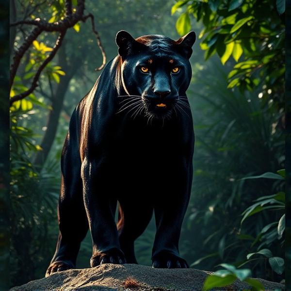black panther, majestic and powerful stance, deep jungle background with dappled sunlight filtering through dense foliage, sharp focus, realistic style