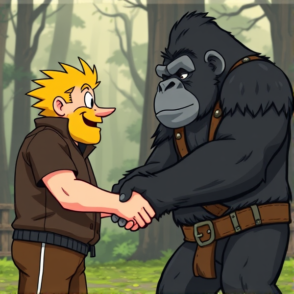 Bill cypher shaking hands with a gorilla tag player in gravity falls style