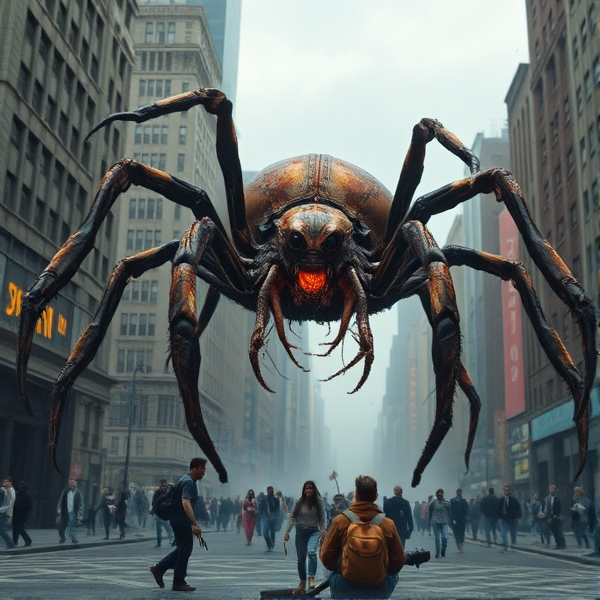 Une araignée avec des pâtes immense qui mange des gens dans une ville