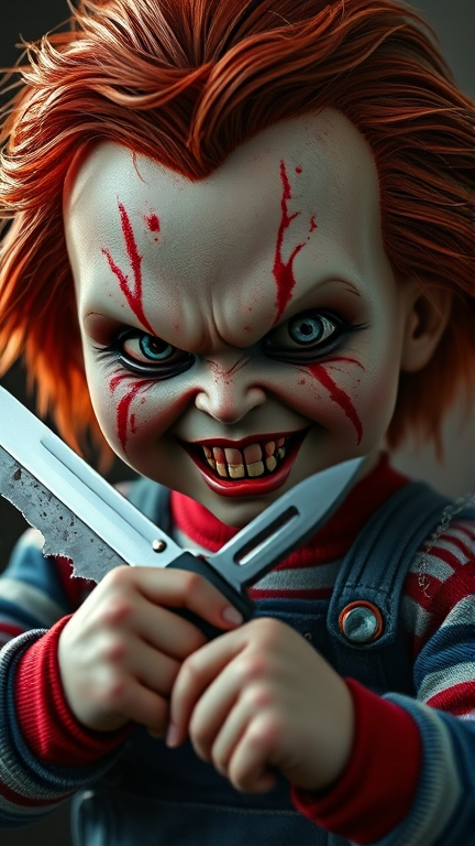 Chucky, la poupée emblématique de film d'horreur avec des cheveux roux désordonnés, des cicatrices détaillées et marquantes sur le visage, des yeux injectés de sang exprimant une fureur intense, vêtu de vêtements déchirés et sales tenant fermement un couteau bien aiguisé avec un effet réaliste. La tête doit avoir une expression menaçante et un air sinistre